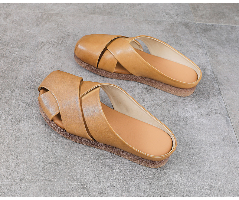 Dép sandal nữ bít mũi da bò thật đế bệt kiểu dáng điệu bộ — màu mơ chi tiết 14