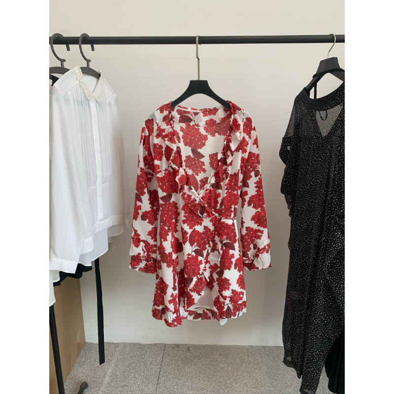 Tail Single Silk Wrap Lace-Up Long-Sleeve Irregular Hem Dress