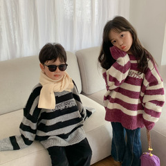 童毛衣2024冬款男女童韓版條紋繡花毛線衣兒童加厚圓領寬鬆針織衫