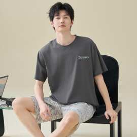 纯棉短袖短裤男士睡衣套头条纹格子全棉可外穿男生短袖休闲家居服