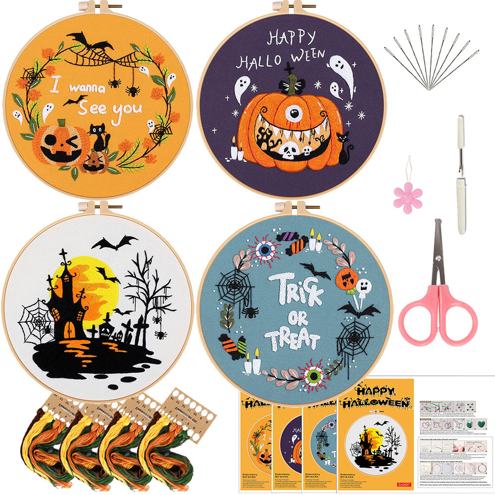 Original nuevo paquete de materiales bordados DIY a mano 2025 Halloween murciélagos calabaza gatos combinación de inglés transfronterizo