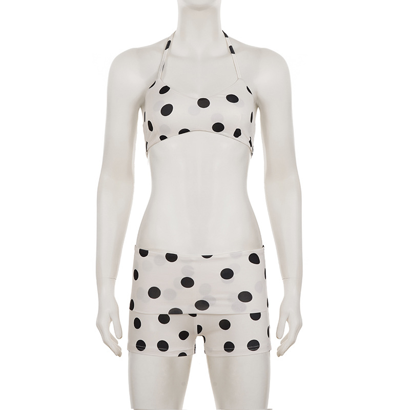 European And American Retro Beach Resort Hot Spring Polka Dot Sexy Bikini Set With Halter Neck Top + Solid Color Shorts_ecoleips.com
