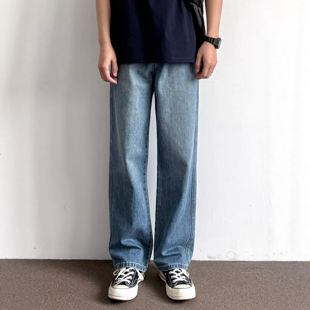 American Retro Blue Jeans for Boys in Summer Ootd Wear Loose Wide-Leg Pants Straight-Leg Casual Pants