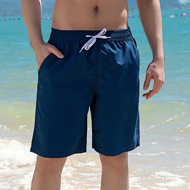 Cross-Border Large Size Beach Shorts, Plain Color with Hand-Printed Pattern, Men's Quick-Drying Five-Point Swim Trunks, Can Add Printed Logo