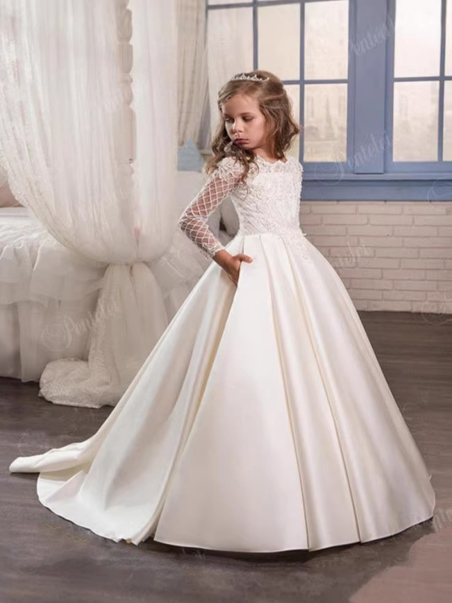 Comercio exterior Vestido de niños europeos y americanos vestido de niña de flores para niños Satén de encaje de manga larga rendimiento pasarela vestido esponjoso de niña