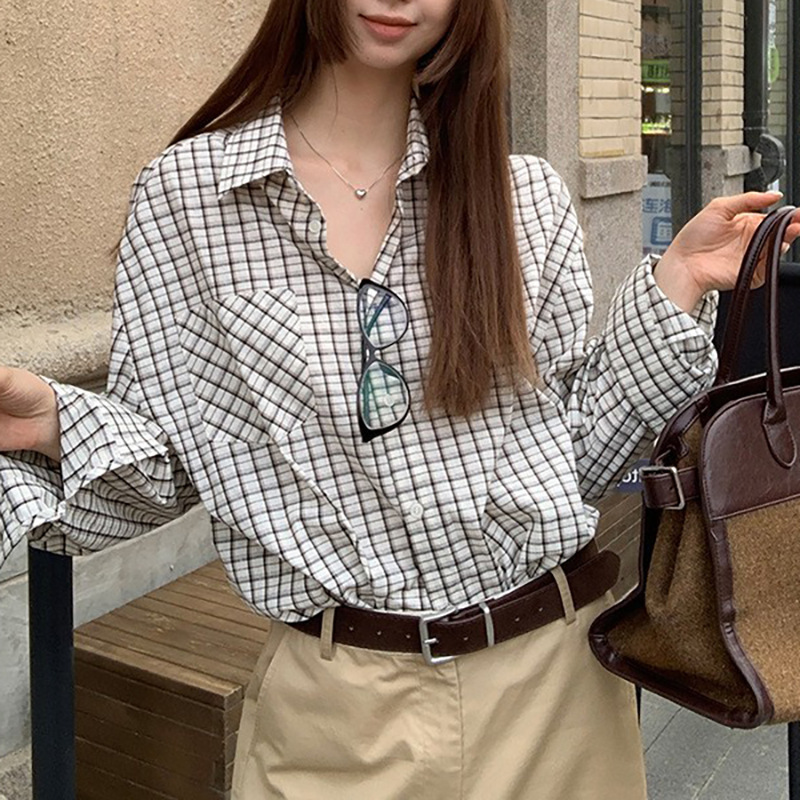 格子衬衫女秋季2025新款高级感chic别致上衣法式宽松衬衣女|undefined