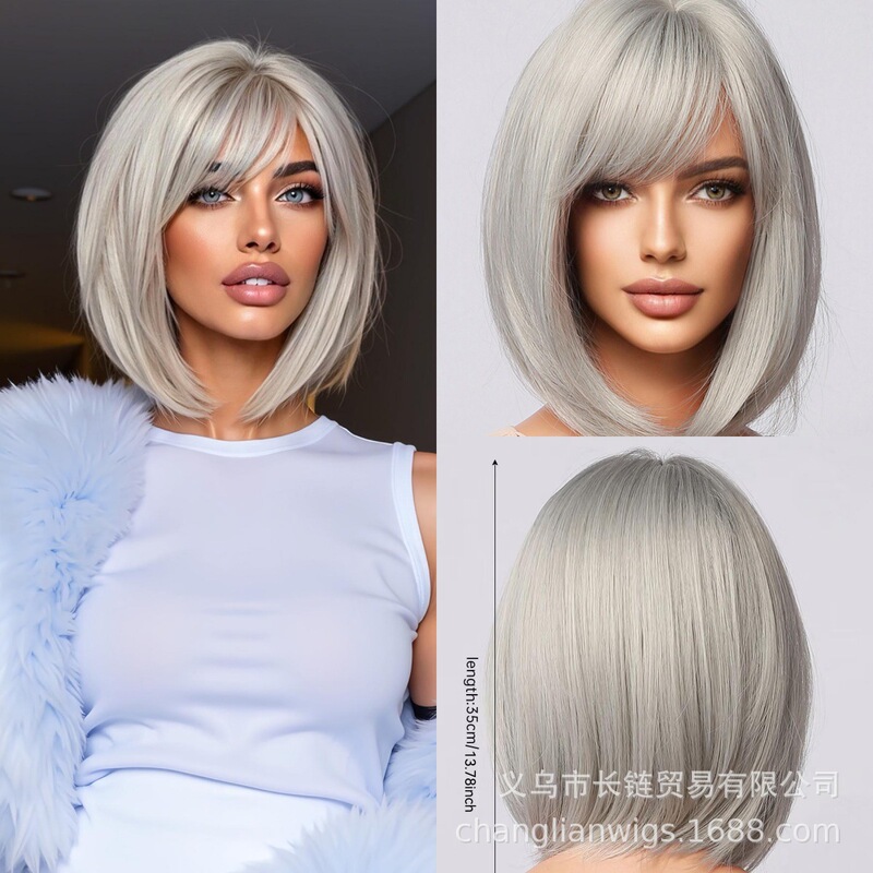 Cross-Border Popular Silver Bob Wig High-Temperature Fiber Can Be Styled with Side Parting Short Straight Hair, Supports Single Order Delivery for Women