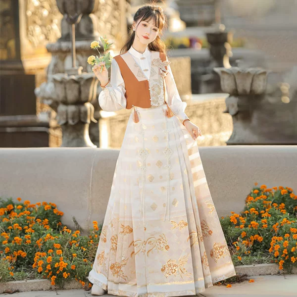 2026 Original Goldfish Fireworks Hanfu Women's Chinese Style Improved Han Elements Top Vest and Horse Face Skirt Set 8888