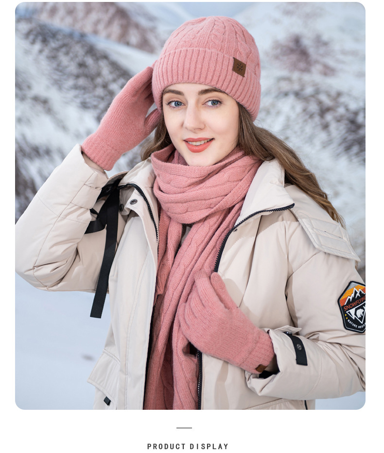 Set unisex nou tricotat căciulă eșarfă mănuși set trei piese iarnă femei eșarfă caldă rezistentă la frig set trei piese bărbați_voghion.com