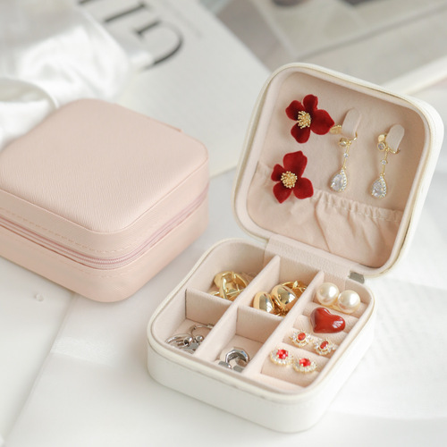 Simple Portable Palm Jewelry Box   Ring and Earring Storage Box Zipper Flip Cover Travel Trinket Box