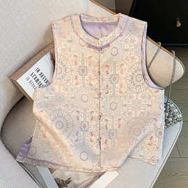 品质保证减龄中年女新中式汉服复古盘扣提花织锦织金刺绣马甲上衣