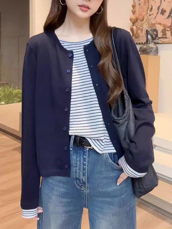 大码微胖休闲灰色条纹长袖T恤女秋季韩系穿搭胖MM显瘦假两件上衣|undefined