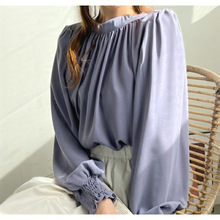 跨境外单日韩系2025春夏新品衬衣打底衫上衣高领泡泡袖雪纺衬衫