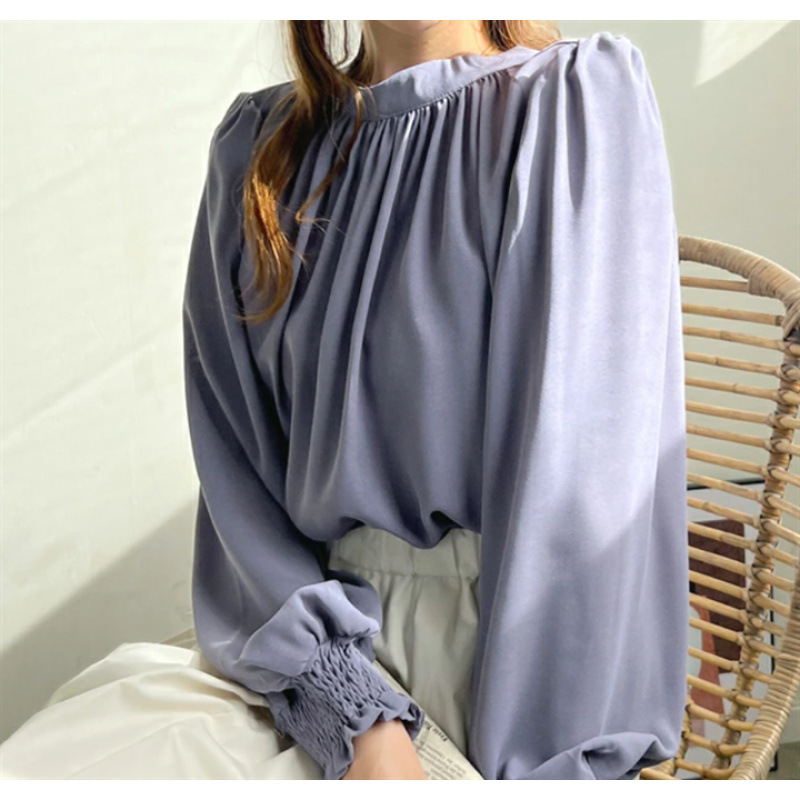 跨境外单日韩系2025春夏新品衬衣打底衫上衣高领泡泡袖雪纺衬衫