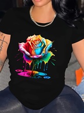 五颜六色玫瑰印花圆领T恤，时尚休闲弹力短袖运动T恤，女装