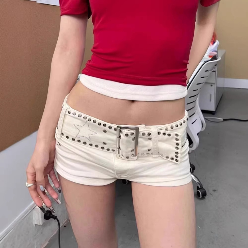 Hot Girl Rhinestone Star Belt Studded Denim Ultra-Short Shorts for Women, Summer Low-Waist Slim Fit Straight-Leg Butt-Lifting Hot Pants