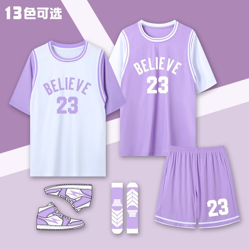 Fake Two-Piece Short-Sleeved Basketball Uniform Suit Customized for Men and Women, Student Class Uniforms, Adult and Children's Sports Games Team Uniforms