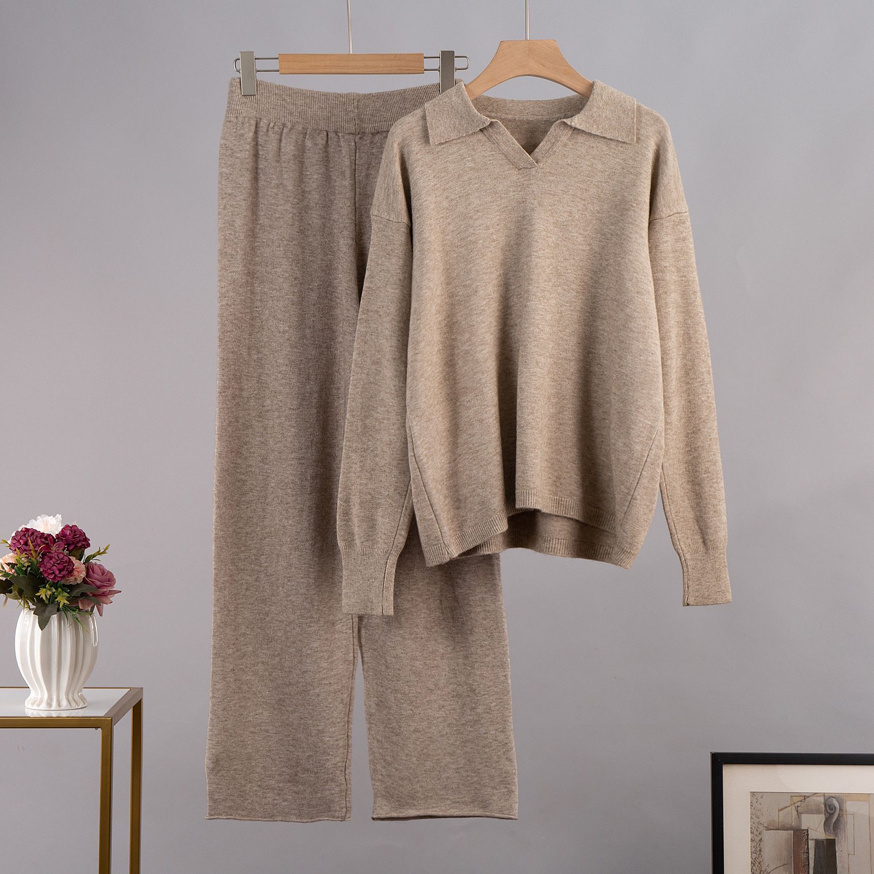 Damen Strickanzug Mit Pullover Und Weiter Hose Im Zweiteiler_voghion.com