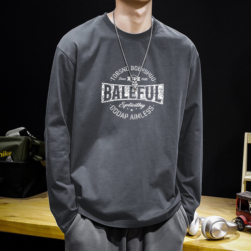 New Autumn Trend Men's Long-Sleeve T-Shirt for Youth, Pure Cotton Crew Neck, Loose Fit, Large Size, Streetwear Long Sleeve