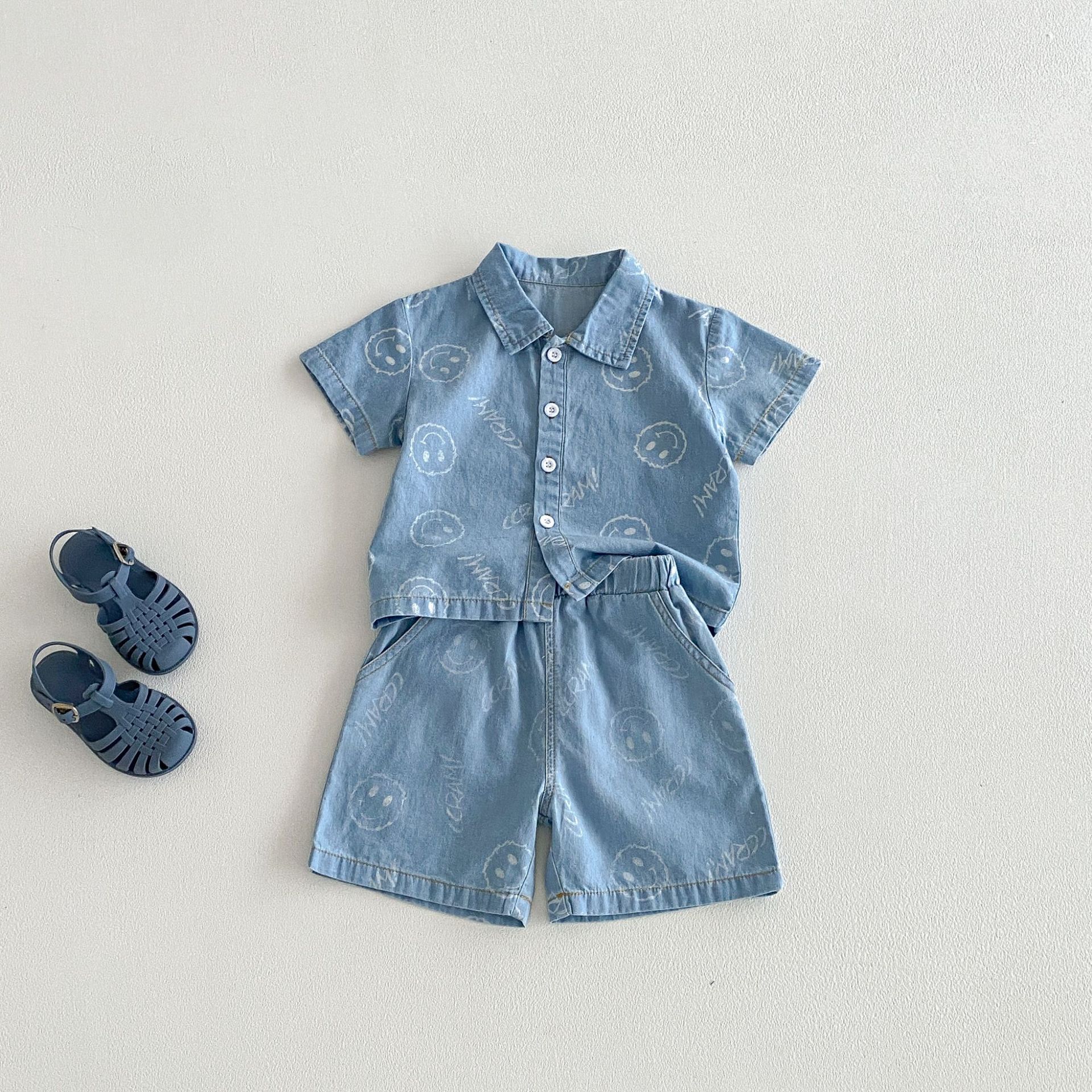 Summer new children's denim outfit set, Korean style cute smiley face print cardigan, short-sleeved thin shorts two-piece set