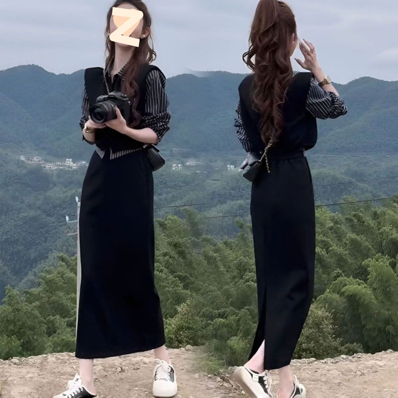 春夏穿搭一整套高级感修身两件套时尚条纹假两件衬衫半身裙套装|undefined
