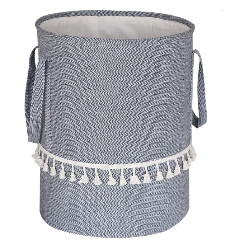 Fábrica de suministro transfronterizo de yute algodón Lino tela Cubo de almacenamiento de juguete plegable cesta de almacenamiento de artículos diversos entrega de estilo borla