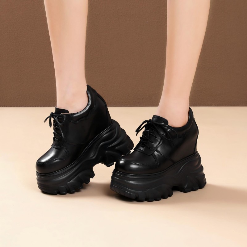 Giày thể thao nữ đế xuồng platform cao 14 cm, da thật, phong cách mới — màu nâu