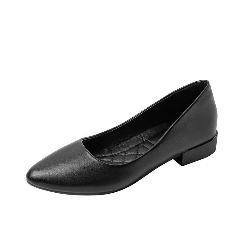 Real Soft Leather Pointed-Toe Chunky Heel Flat Shoes, Professional Women's Shoes, Black Work Shoes, Soft-Soled Leather Shoes for Work in Banks and Hotels Real Soft Leather Pointed-Toe Chunky Heel Flat Shoes, Professional Women's Shoes, Black Work Shoes, Soft-Soled Leather Shoes for Work in Banks and Hotels