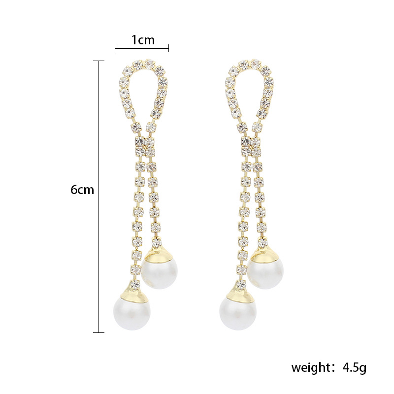 5g Weight Earrings Classification Wedding, Travel Occasion Women'S Gender Basic Style Gold Color Korean Rhinestone Pearl Long Tassel Earrings 无