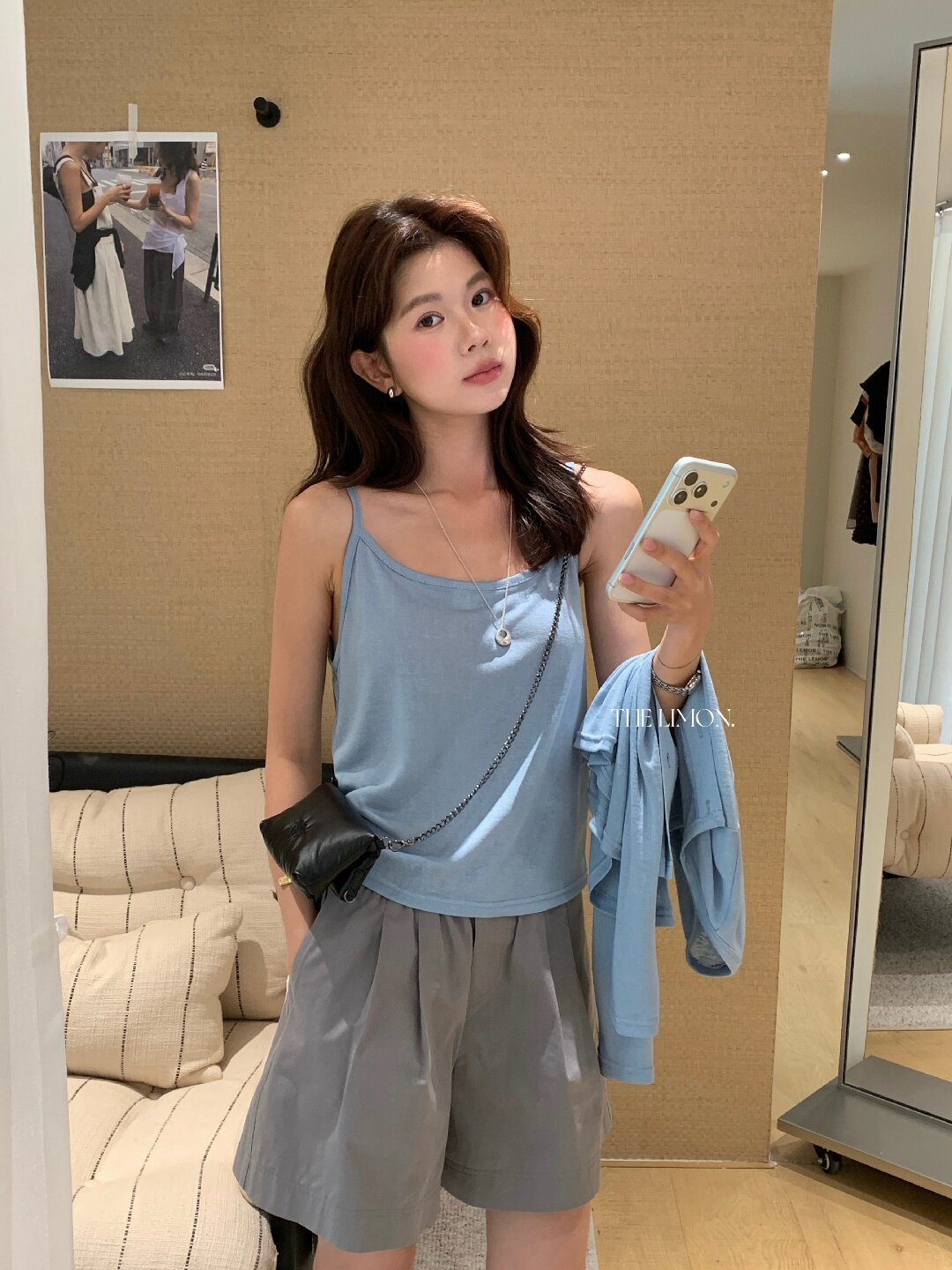 Bộ cardigan len mỏng kèm áo hai dây hai mảnh nữ mùa hè — Xám cacbon, xanh lam, màu hồng, Đậu xanh chi tiết 13