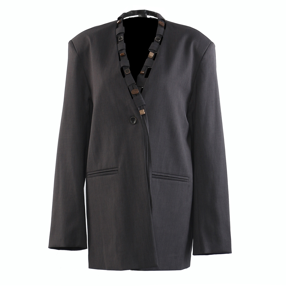 Ensemble blazer et pantalon deux pièces GraceChic Automne 25, coupe ample et tendance, boutons en bois véritable, pour femme, référence 1816_voghion.com