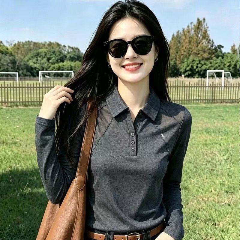 Pure cotton stretch casual polo collar T-shirt for women, 2026 autumn new long-sleeved pullover with collar, outerwear