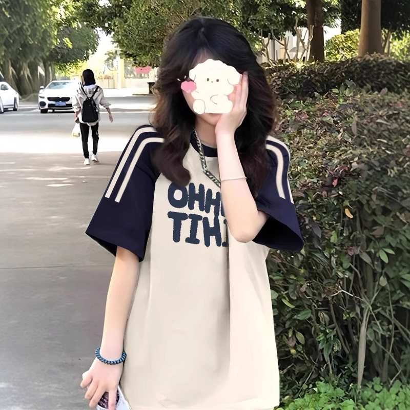 American Pure Cotton Three-Stripe Raglan Short-Sleeved T-Shirt for Women in Summer for Junior High School and High School Students Loose Half-Sleeved Top