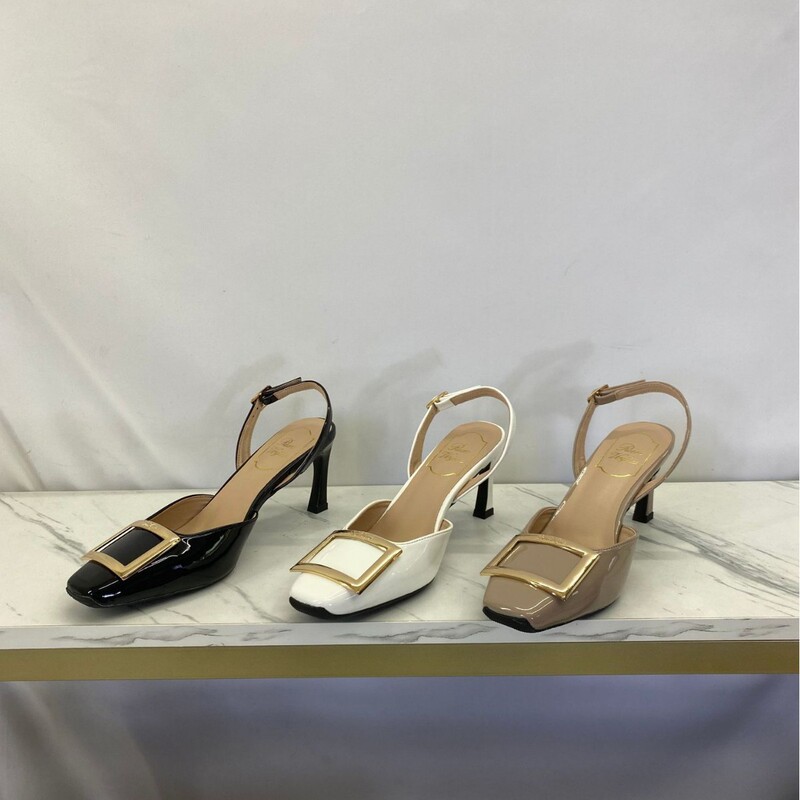 Rv Square Buckle Patent Leather 2025 Spring/Summer Thin Heel Single Shoes, Closed-Toe Backless Sandals, Versatile High-Heeled Women's Shoes with Fashionable Metal Buckle