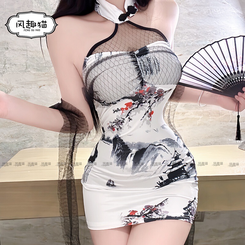 Plus-Size Vintage-Style Ink-Printed Strapless Bodycon Dress for Women, Modified Cheongsam with Slim Fit and Mesh Patchwork Halter Neck Dress