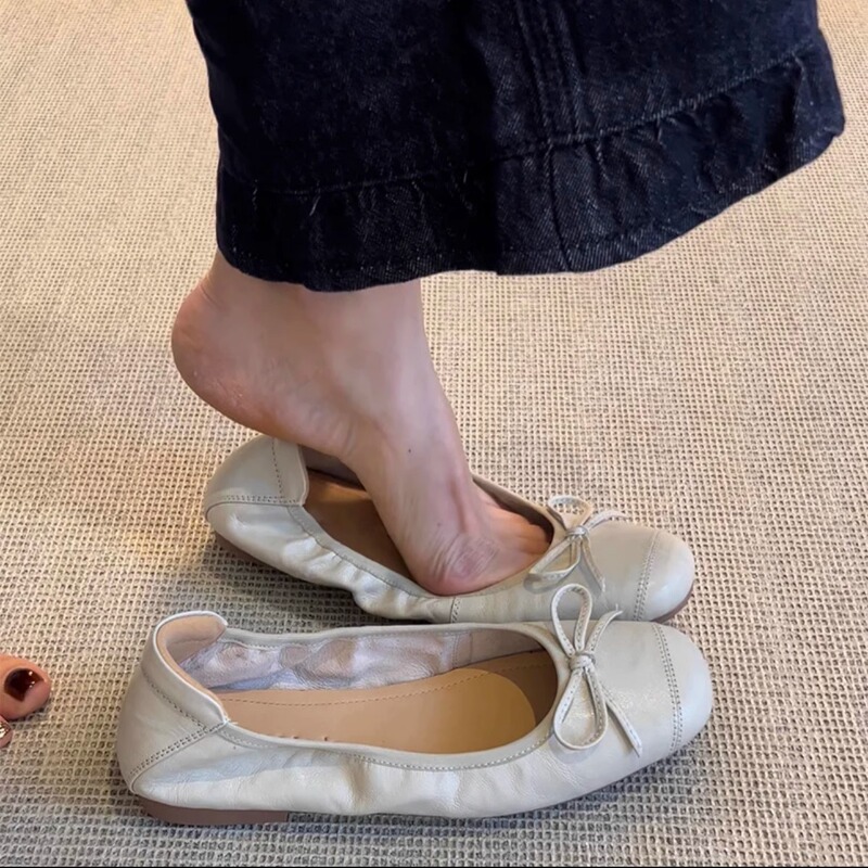 Ready-Made Version ~ Giant Soft Ballet Shoes French Flats Genuine Leather Soft Sole Flats Women's Bow Round Toe Retro Granny Shoes