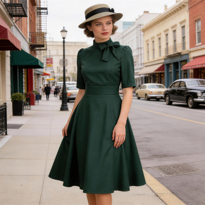 Amazon cross-border e-commerce source stand collar bow sleeve solid color 50s retro party elegant dress Amazon cross-border e-commerce source stand collar bow sleeve solid color 50s retro party elegant dress