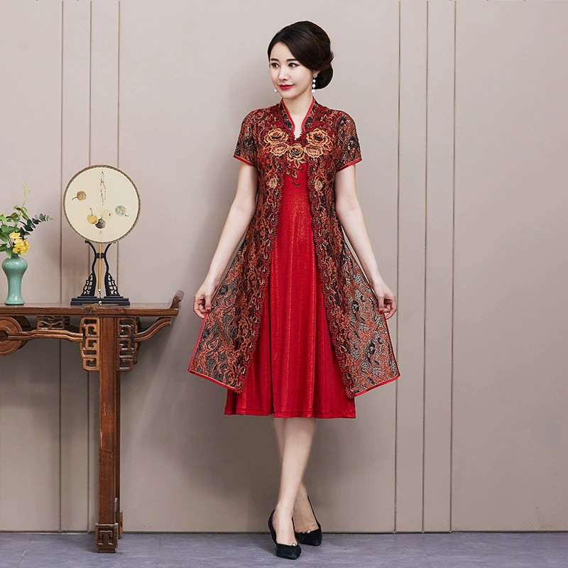 Летнее благородное и стильное свадебное платье для свекрови, бордовое платье среднего и пожилого возраста, вышитый костюм-двойка