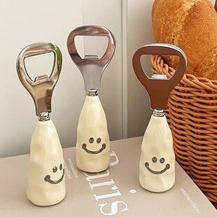 Cute Smiley Beer Bottle Opener Plastic Handle Imitation Ceramic Handle Standing Wine Bottle Opener Creative Stainless Steel Open Lid