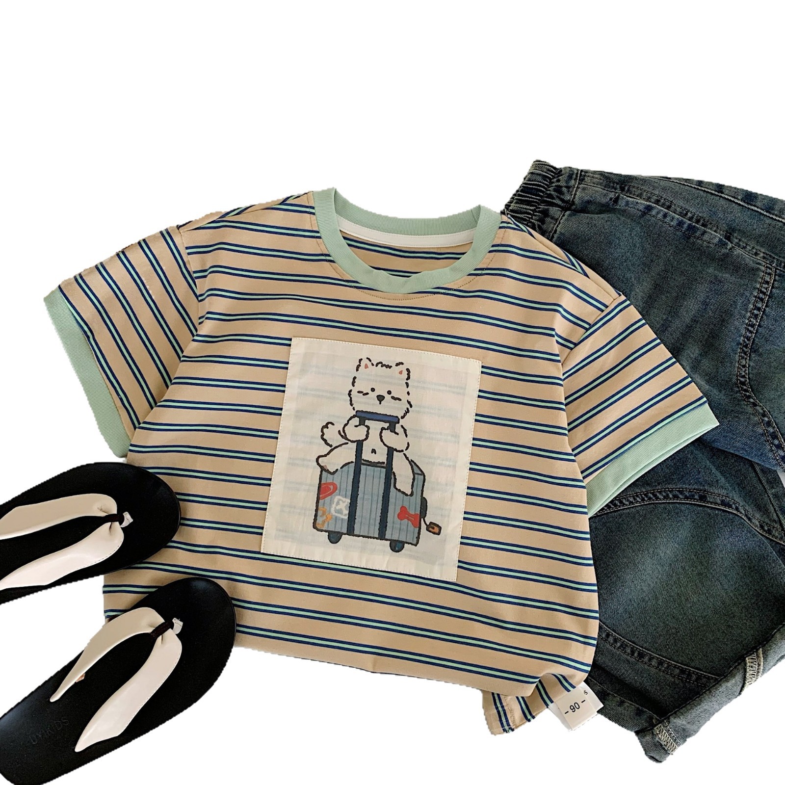 Maibao niño de manga corta verano 2025 nuevo parche para niños oso a rayas camiseta para niños de algodón puro tipo a ropa para niños de moda
