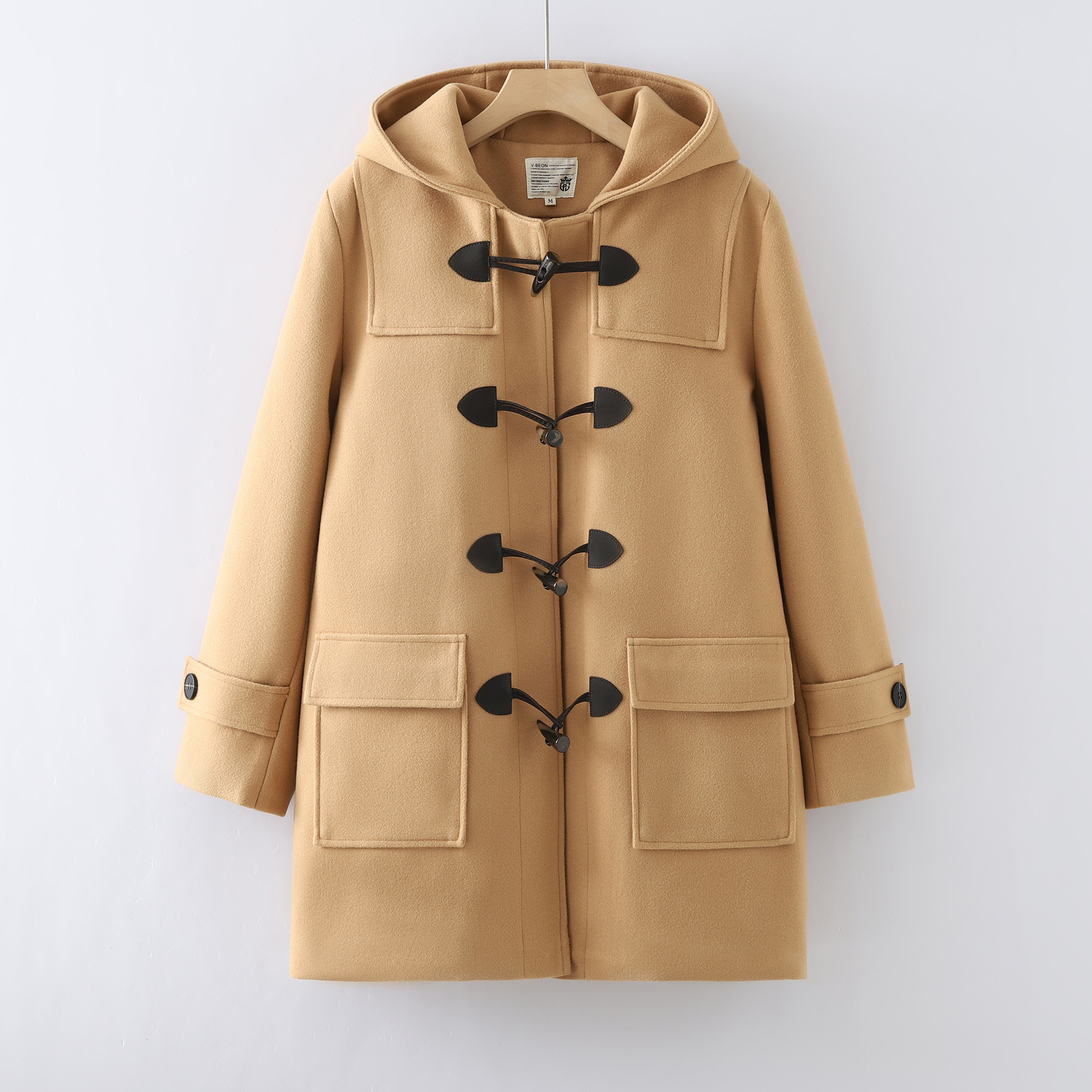 日系JK制服牛角扣呢子大衣女2025冬装学院风加厚夹棉连帽毛呢外套