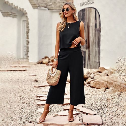Cross-border Amazon Fashion Set for Women 2024 Summer Temperament Sleeveless Elegant Casual Top Cropped Pants Two-piece Set