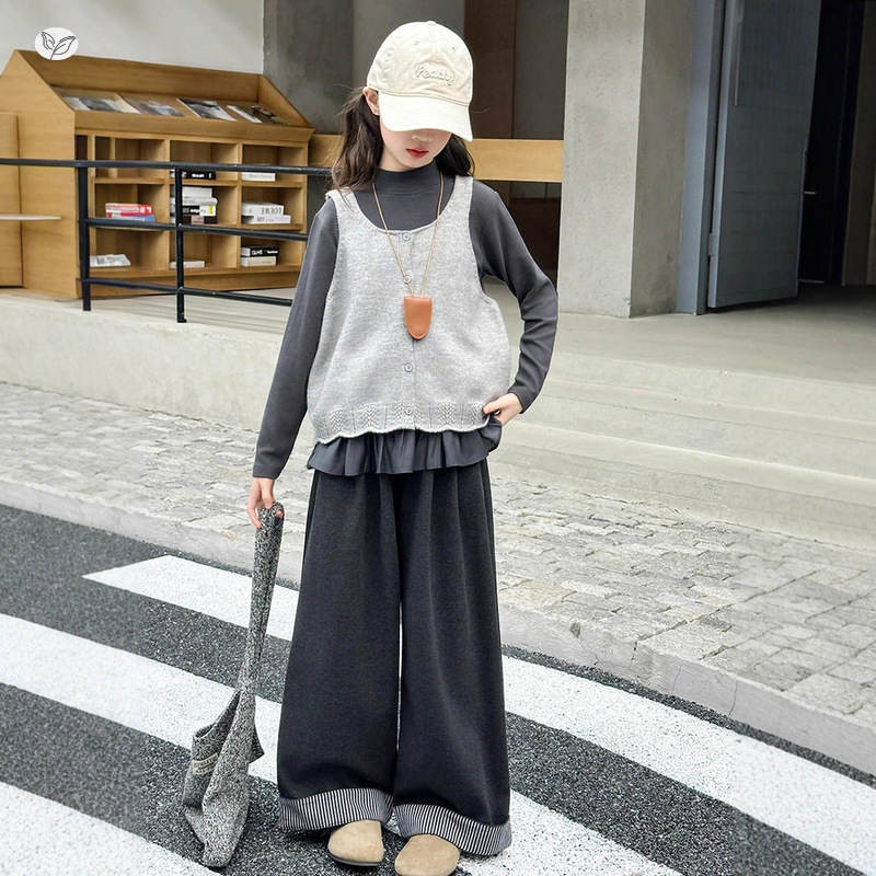 女童2025年秋季新品针织马甲打底衫套装中大童休闲阔腿裤直筒长裤|undefined