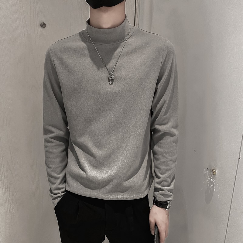 Spring and Autumn Long-Sleeved T-Shirt for Men, Thickened, Large Size, Trendy Brand, Fleece Material, Half-High Collar, Base Layer Shirt, Solid Color Top for Men