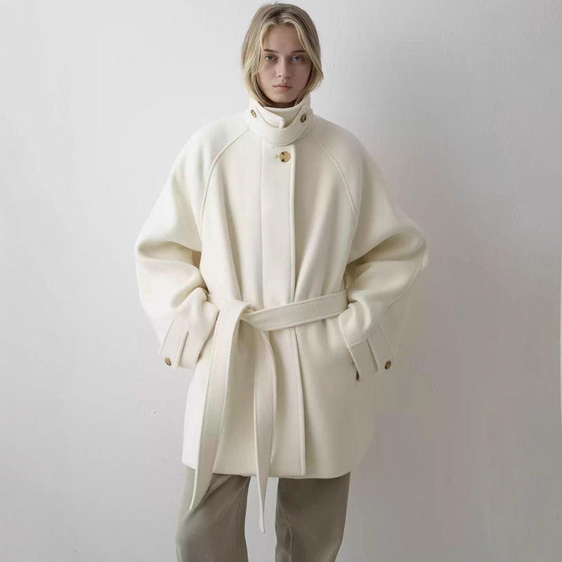 In Stock Korean Style Solid Color Wool Coat for Women 2025 Winter Elegant Loose Tie Mid-Length Stand Collar Jacket