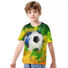 2024夏季儿童3D打印卡通足球t恤时尚儿童凉爽短袖服装男孩女孩运