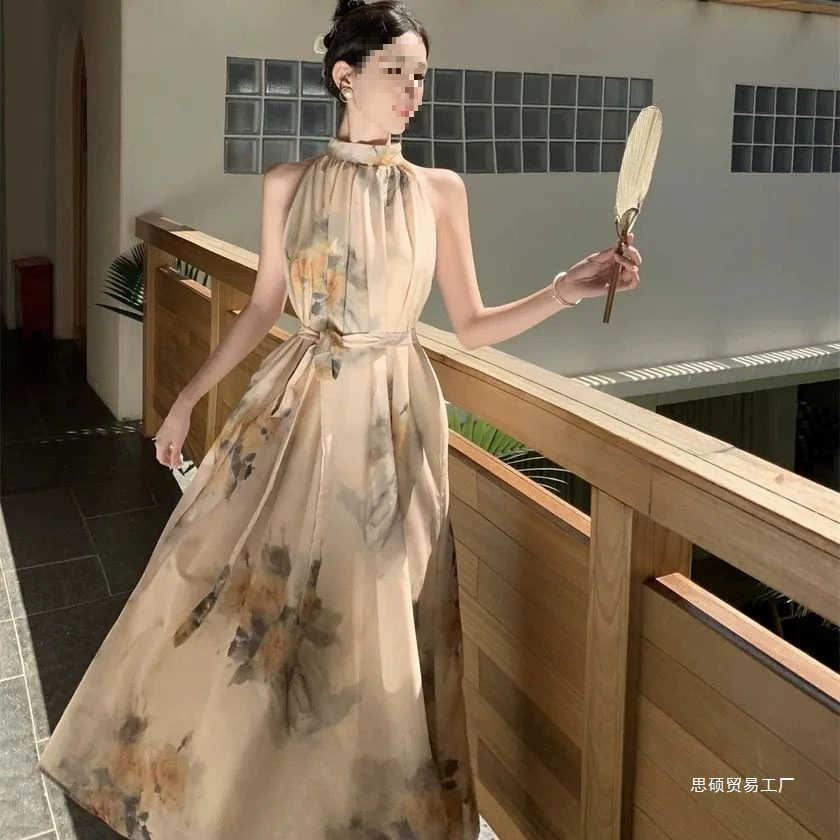 Новое платье с воротником-стойкой в ​​китайском стиле, юбка в китайском стиле для летних каникул, свободное платье, длинная юбка с цветочным принтом, супер фея в китайском стиле