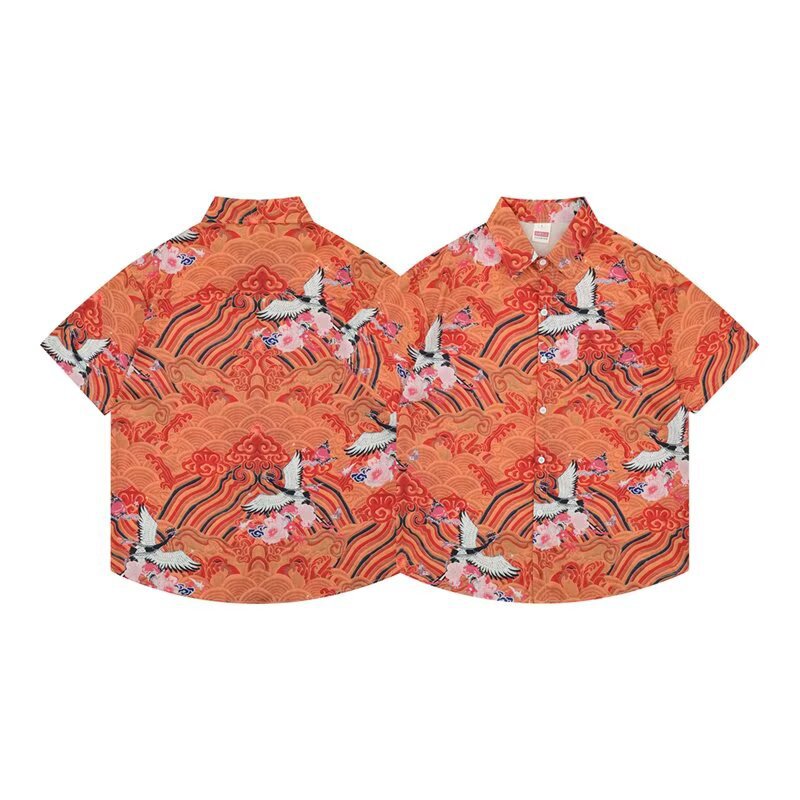 Couple's Standard Lapel Summer Five-Quarter Sleeve Short-Sleeved Original Ancient Hawaiian Retro Greenland Shirt Trendy Regular