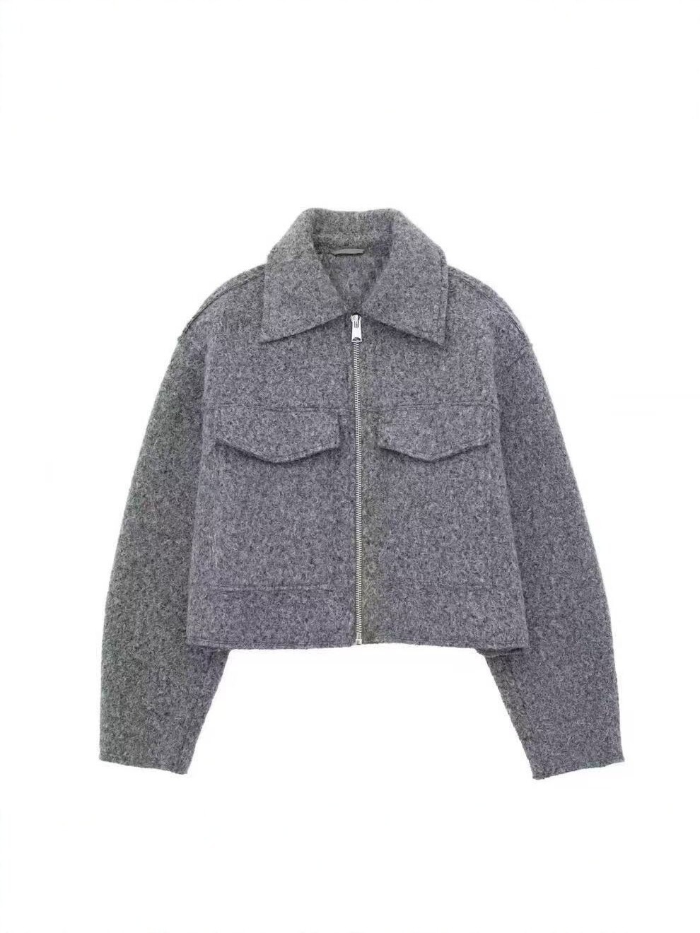 Gray short turn-down collar zip-up jacket for women, new autumn and winter loose versatile coat