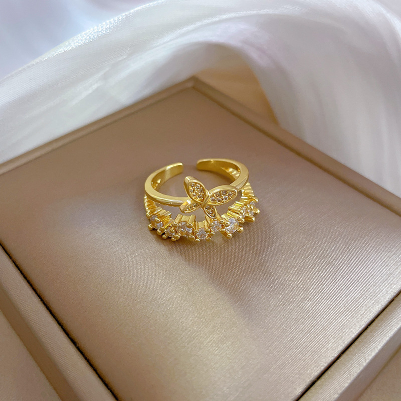 【 Real Gold Plating 】 Open Butterfly Women's Fashion Micro Inlay Light Luxury Finger Ring, Index Finger Ring, Netting_voghion.com